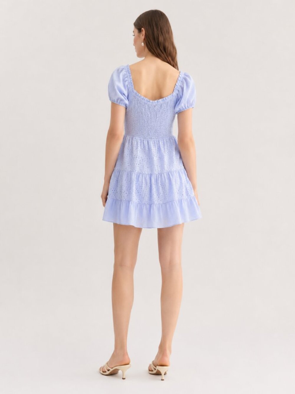 Eyelet Babydoll Mini Dress M Puff Sleeve Smocked Blue - Picture 3 of 12